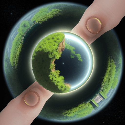 AI generated: a shimmering ring with a tiny, lush world nestled within its center, full wide view, highly detailed...
