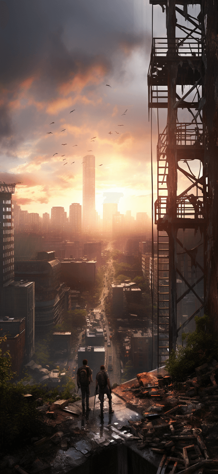 AI generated: Last of Us, ultra-realistic, dystopian, fallen sky scrappers,raining, high angle,fungi,fire art stat...