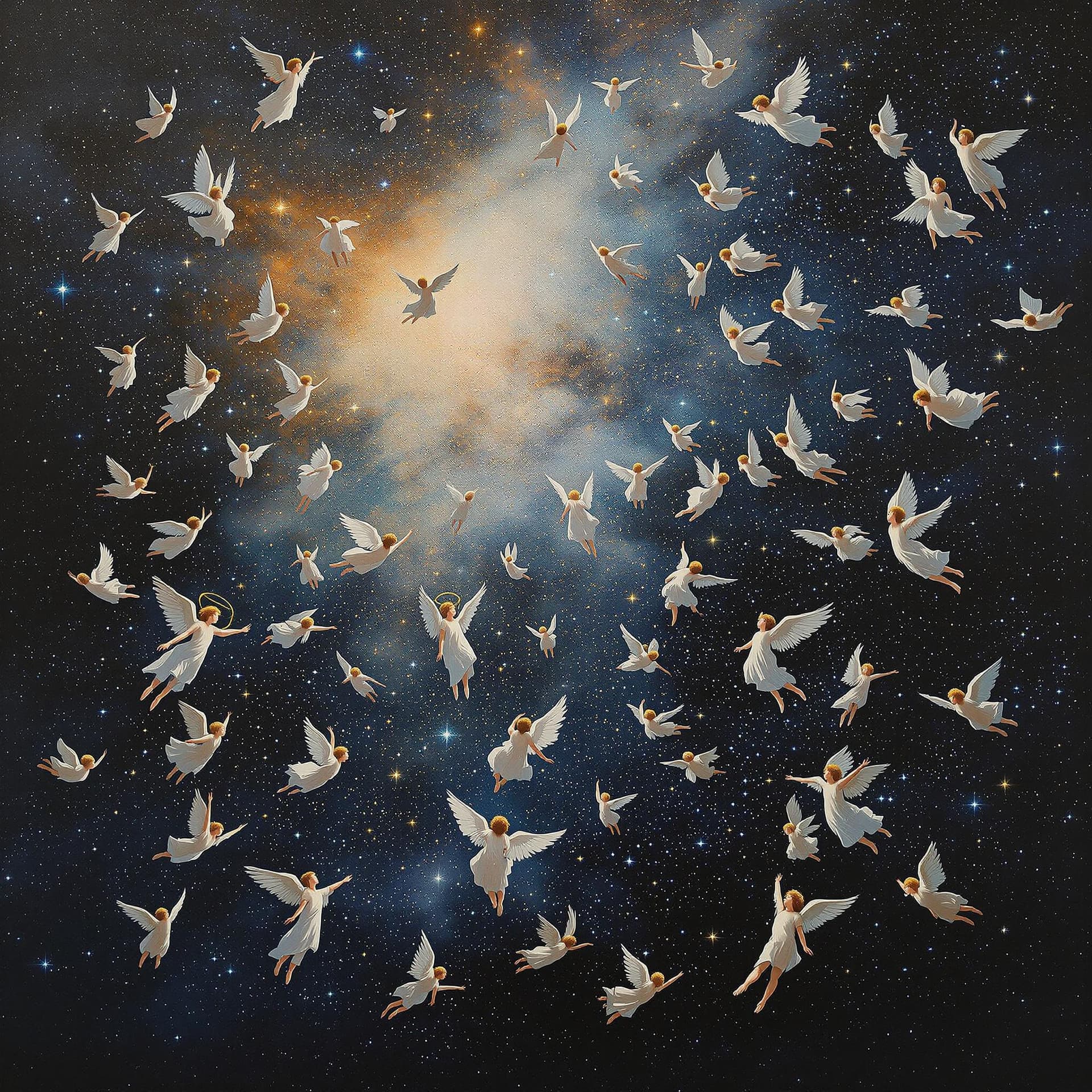 AI generated: An artist's oil painting of a many small male angels,  flying away  flying through the universe full...