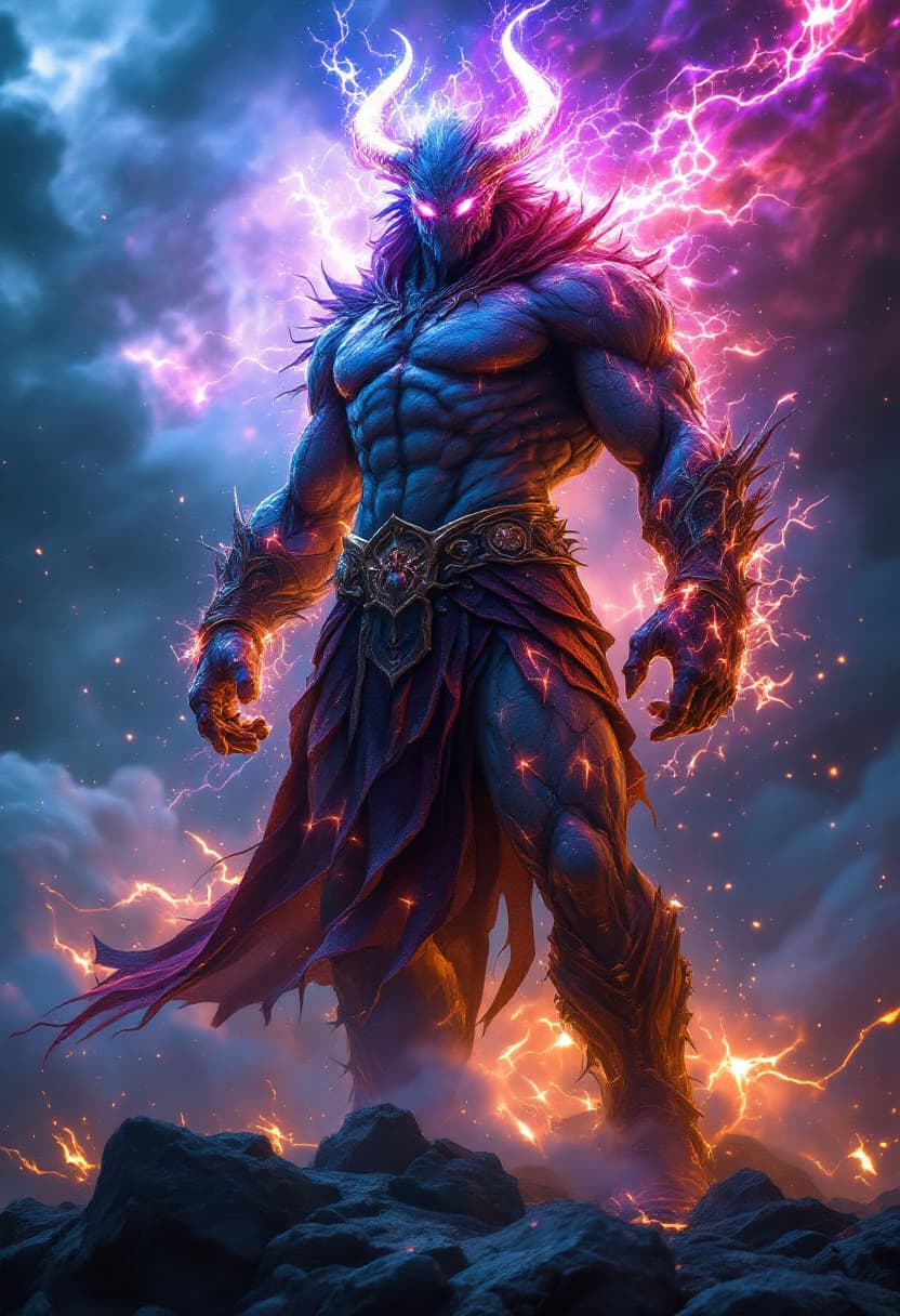 AI generated: God of Storm, full-body, No Hair or mouth, fractured Skin, Etherial, muscular, Glowing stormy eyes, ...