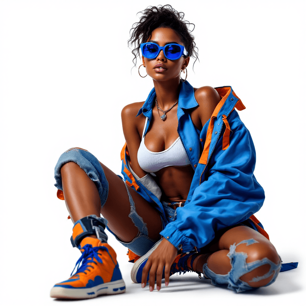 AI generated:  baddie female model, tanned skin, brown latin skin, with blue sunglasses and blue and orange urban ...