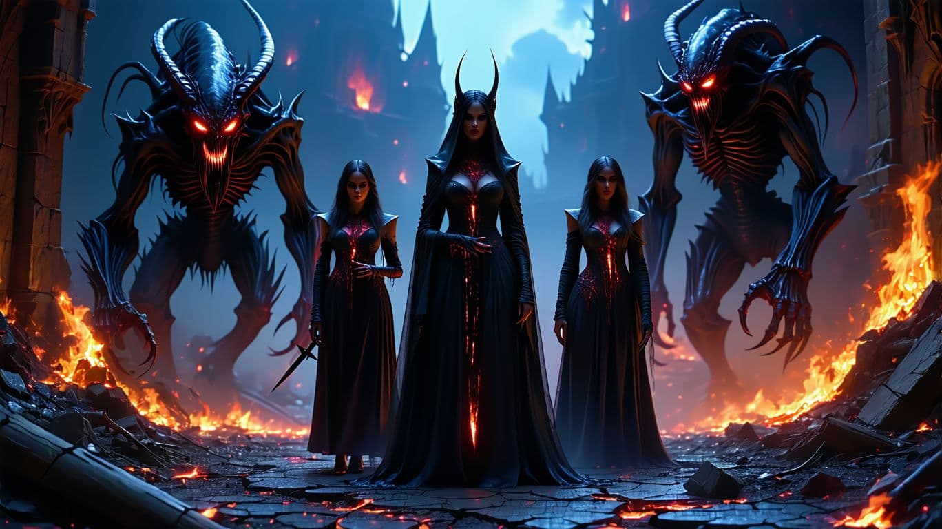 AI generated: Giant shadowy monsters with glowing red eyes and grotesque forms emerging from the ground. The Gothi...