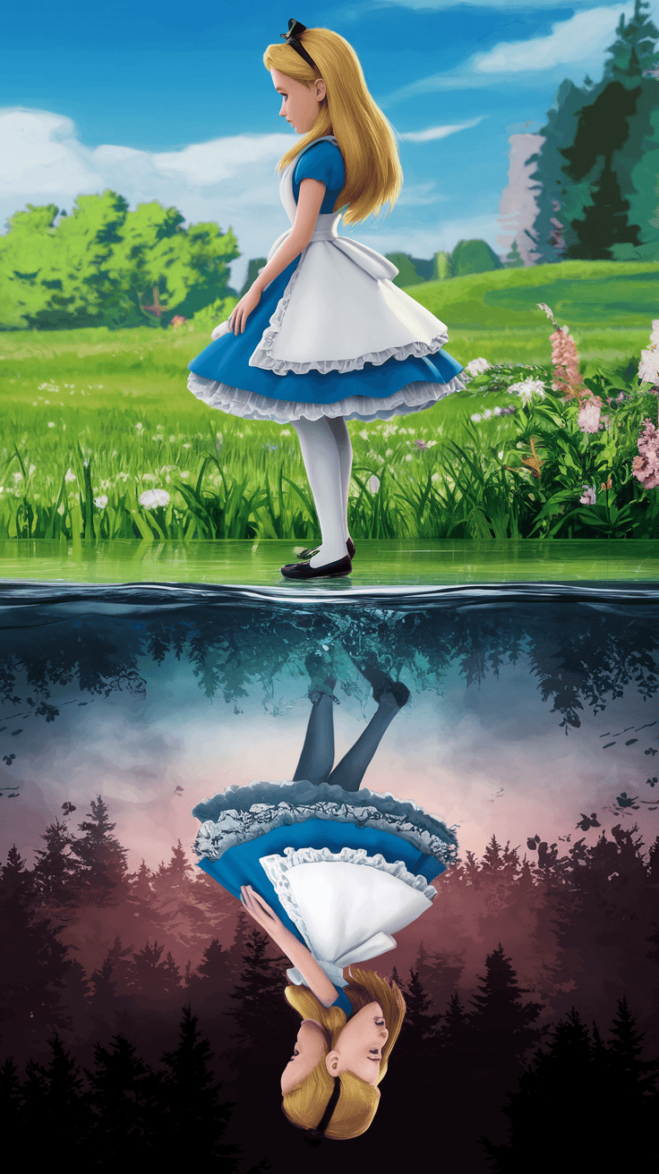 AI generated: Sharp contrast, top: Alice from 'Alice in Wonderland', bright, clean, cel-shaded anime style, big ey...