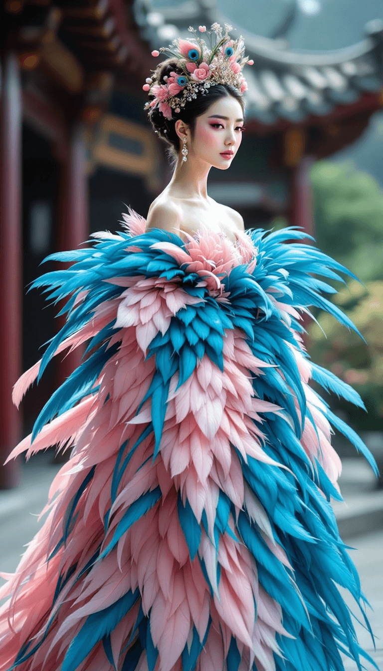 AI generated: photo of an korean queen wearing a peacock feathery haute couture feather dress, soft pink and blue ...