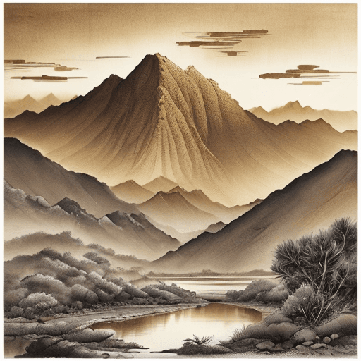 AI generated: Chinese ink wash painting, majestic mountains, lush forests, glittering lakes, desert dunes, golden ...