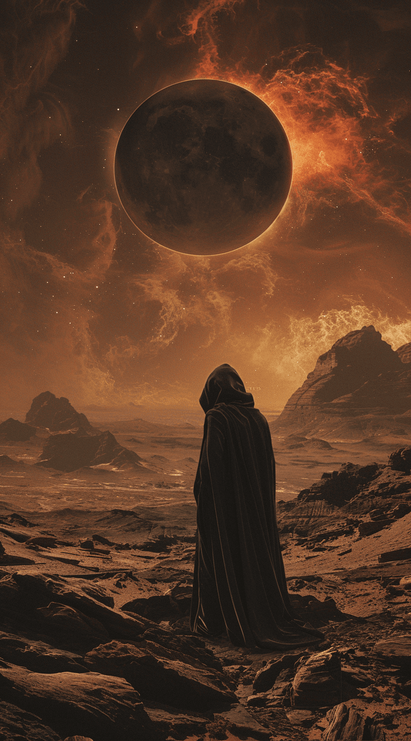AI generated: A man in a dark cloak standing on rocky terrain, looking at the horizon with an eclipse and desert l...