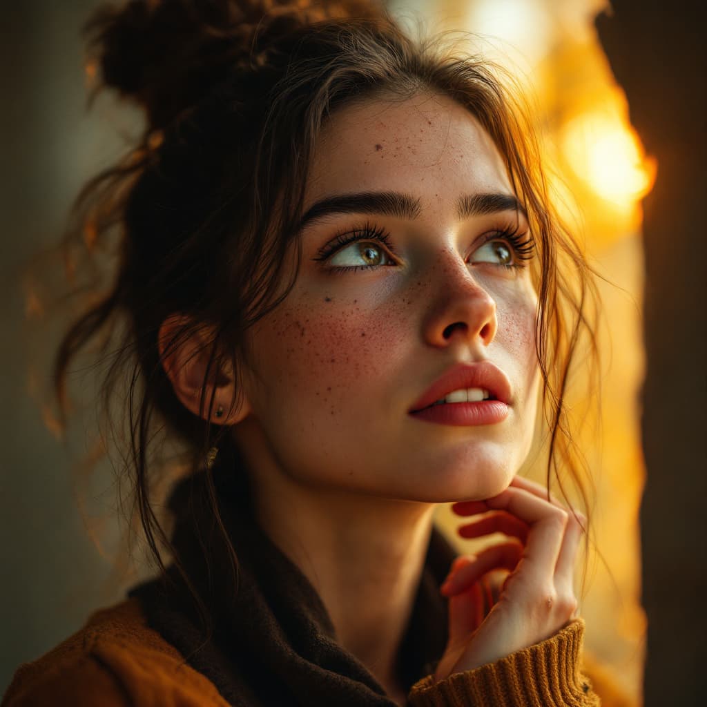 AI generated: a woman with freckles looks out into the world, in the style of vray, white and orange, warmcore, ph...