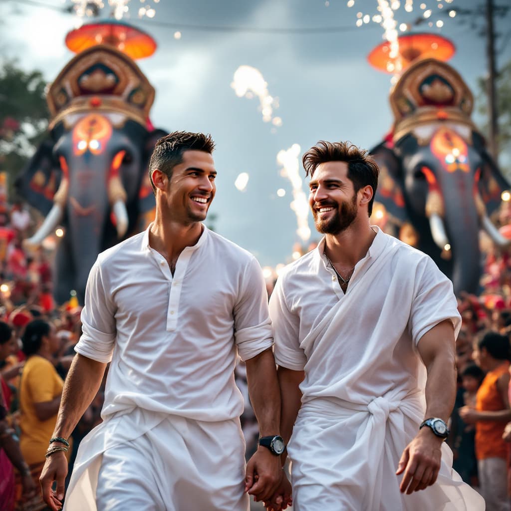 AI generated: Cristiano Ronaldo and Lionel Messi dressed in traditional Kerala attire — white mundu and kurta — wa...