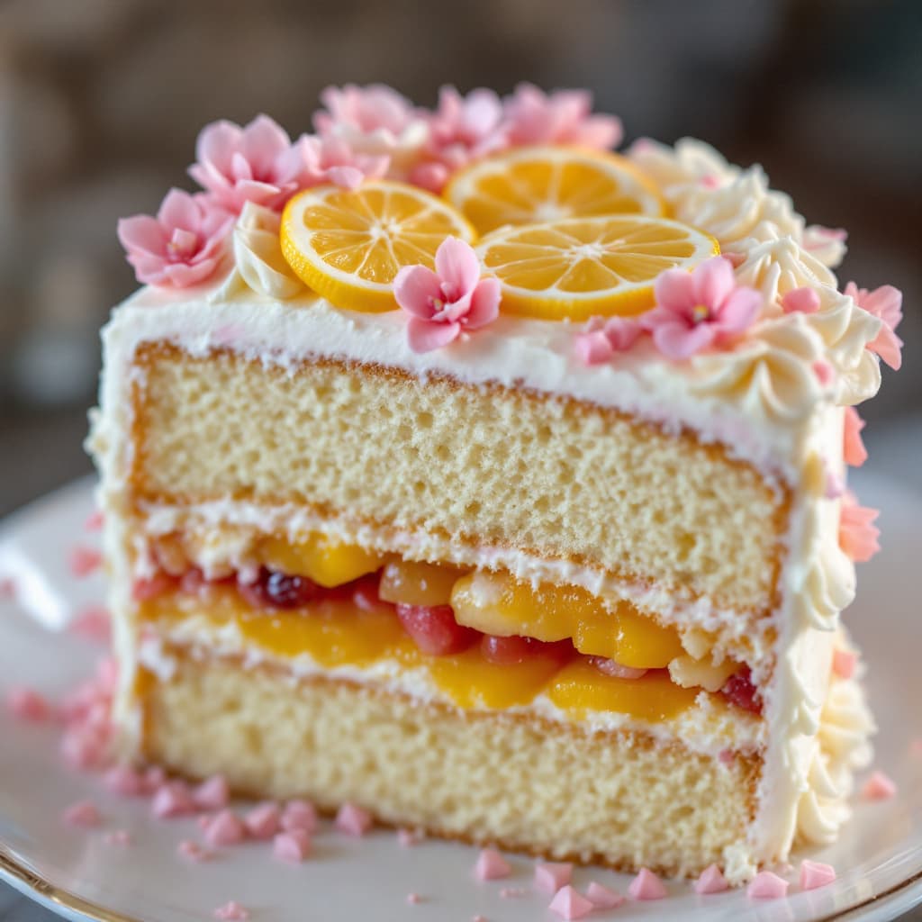 AI generated: Close up photograph of a slice of layered cake with a cherry blossom theme, a layer of fruit filling...