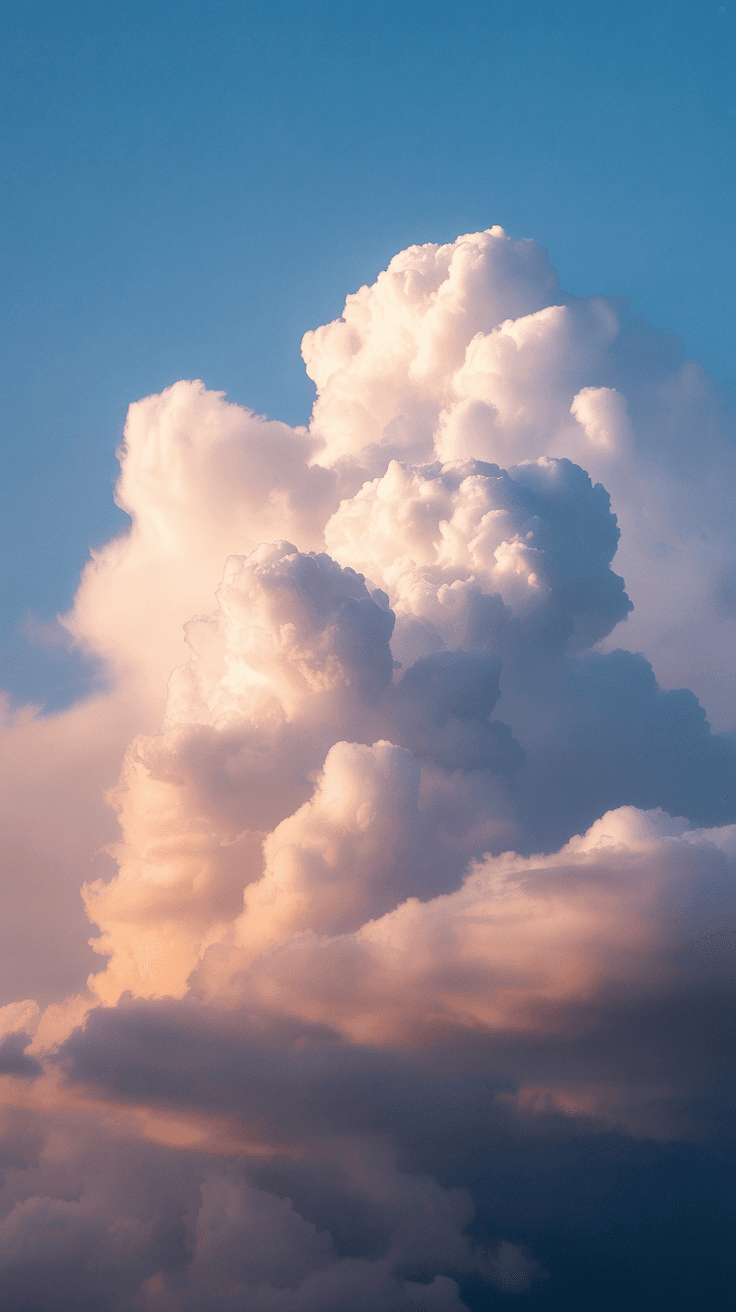 AI generated: Lush, airy, light clouds in sunlight. The image is in the following colors: white, ash-pink, dusty l...