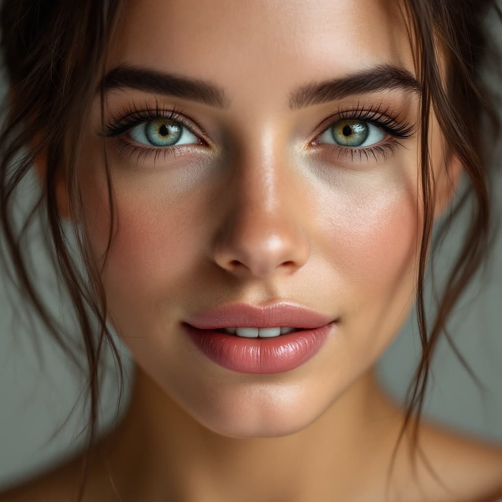 AI generated: mujer UHD
dientes  con coronas de porcelana con ausencia de un diente central y una ceja ausente izq...