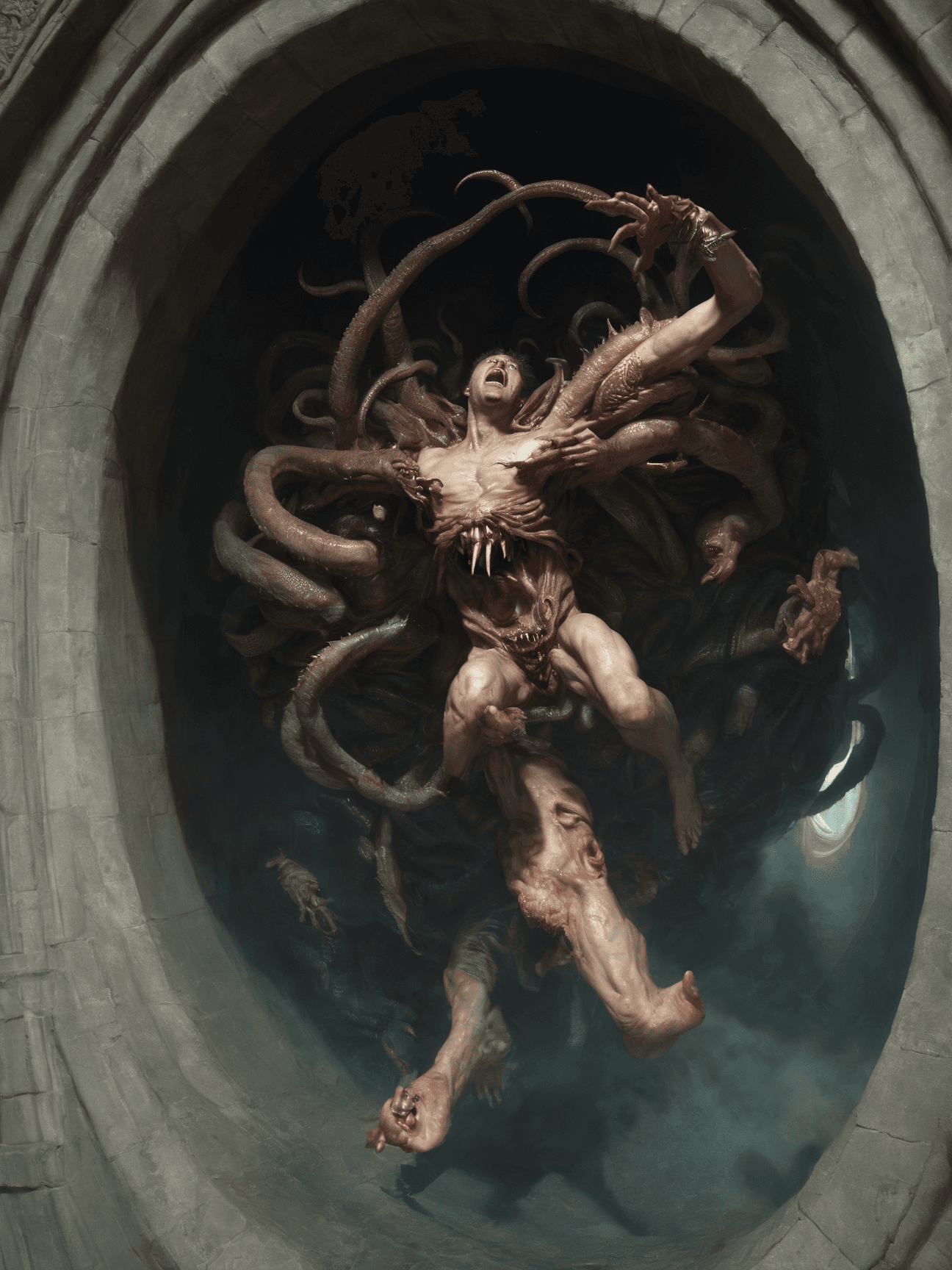 AI generated: concept art a classical baroque painting, dark fantasy, ancient era, a man emerging from an eldritch...