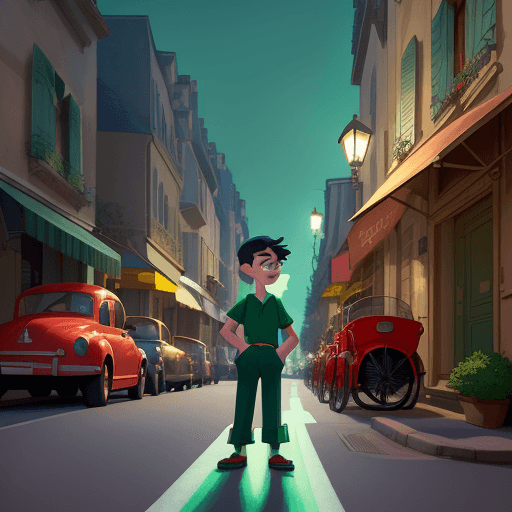 AI generated: boy in the middle of the street, standing by street lamps, in the style of cartoonish features, fren...