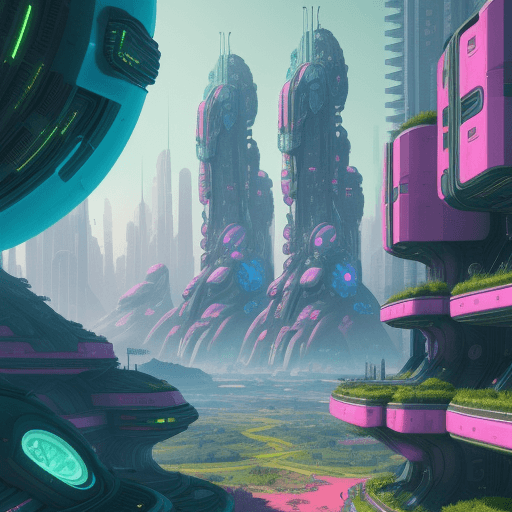 AI generated: human colony on unknown planet with retro futuristic cyberpunk buildings, bright vibrant colored veg...