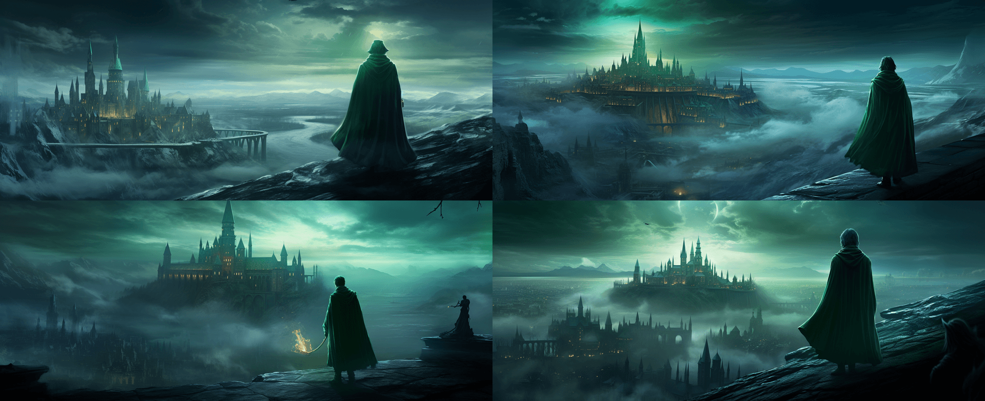 AI generated: a wizard peering over the top of a castle, in the style of green academia, captivatingly atmospheric...