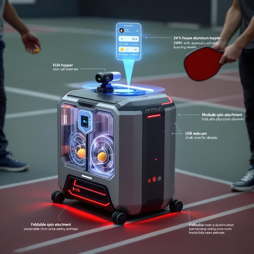 AI generated: A futuristic smart pickleball machine on a court, compact (24”x18”x16”), with a matte silver aluminu...