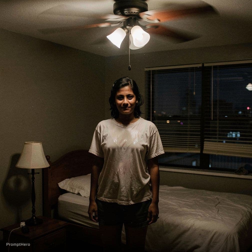 AI generated: A candid documentary style image captures a woman standing beneath a slow ceiling fan, heat hanging ...