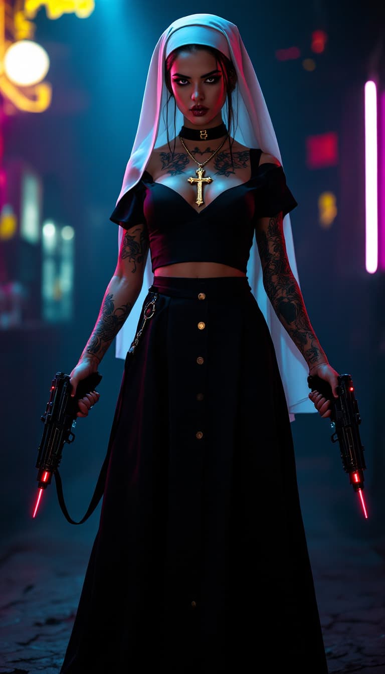 AI generated: Full body view of a young beautiful tattooed nun with a modern twist. She wears traditional nun atti...