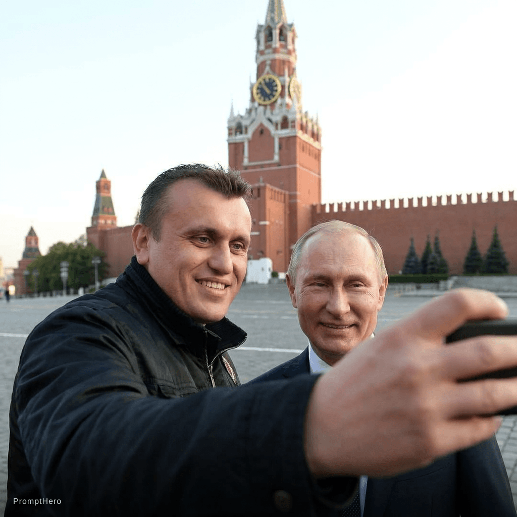 AI generated: with Wladimir Putin in front of the Kreml, professional setting