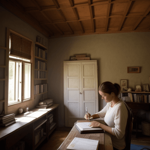 AI generated: a Woman writing a book in her house 