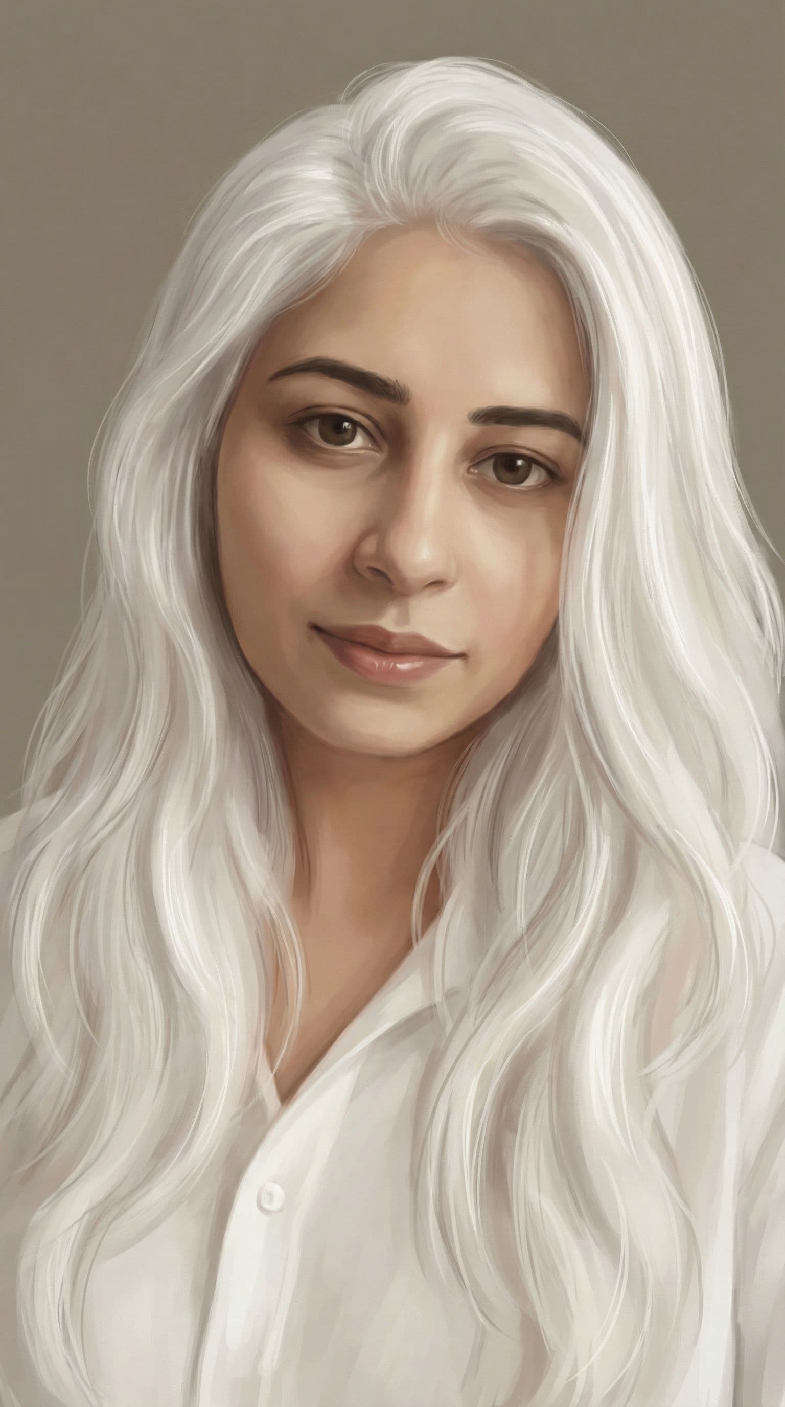 AI generated: Portrait of a female with long white hair, wearing a white shirt, digital colors, subtle illuminatio...