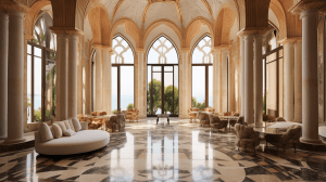 AI generated: Impressive mansion with a luxurious design, elegant opulent atmosphere, and marble facade, inspired ...