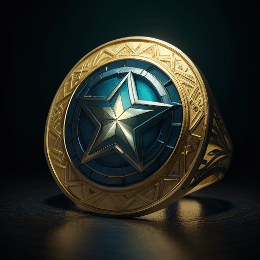 AI generated: Ring on the table with the design and character of Captain america The Ring is gold and blue dark, n...