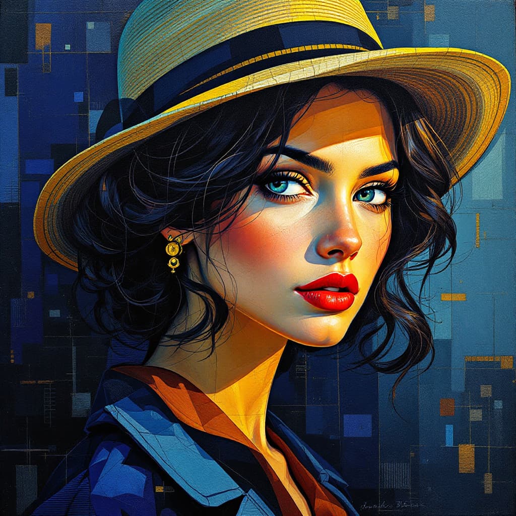 AI generated: "Retrato de una mujer con una expresión intensa y mirada profunda, inspirada en el estilo cubista mo...