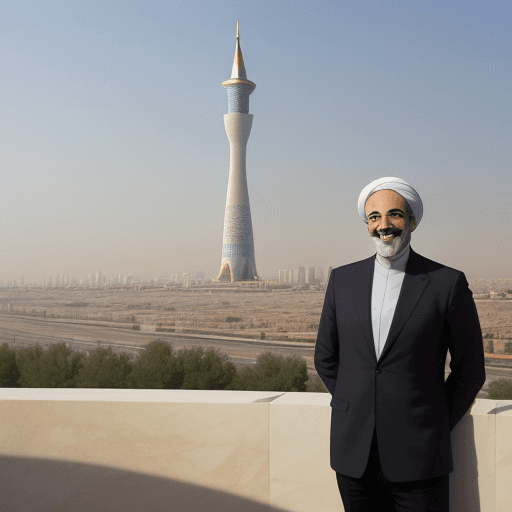 AI generated: An Iranian man smiling beside Azadi tower