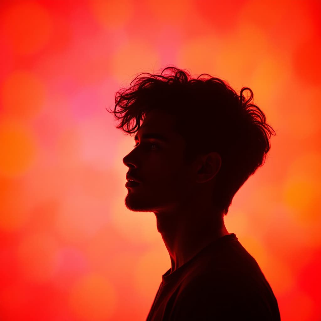 AI generated: photography, portrait. power of contrast, man model profile silhouette of a vibrant randomly color b...
