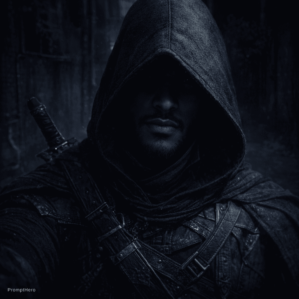 AI generated: Dark assassin.Hood.in the night.