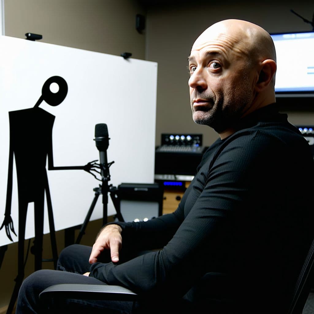 AI generated: Joe Rogan on a set with slenderman, miserable
