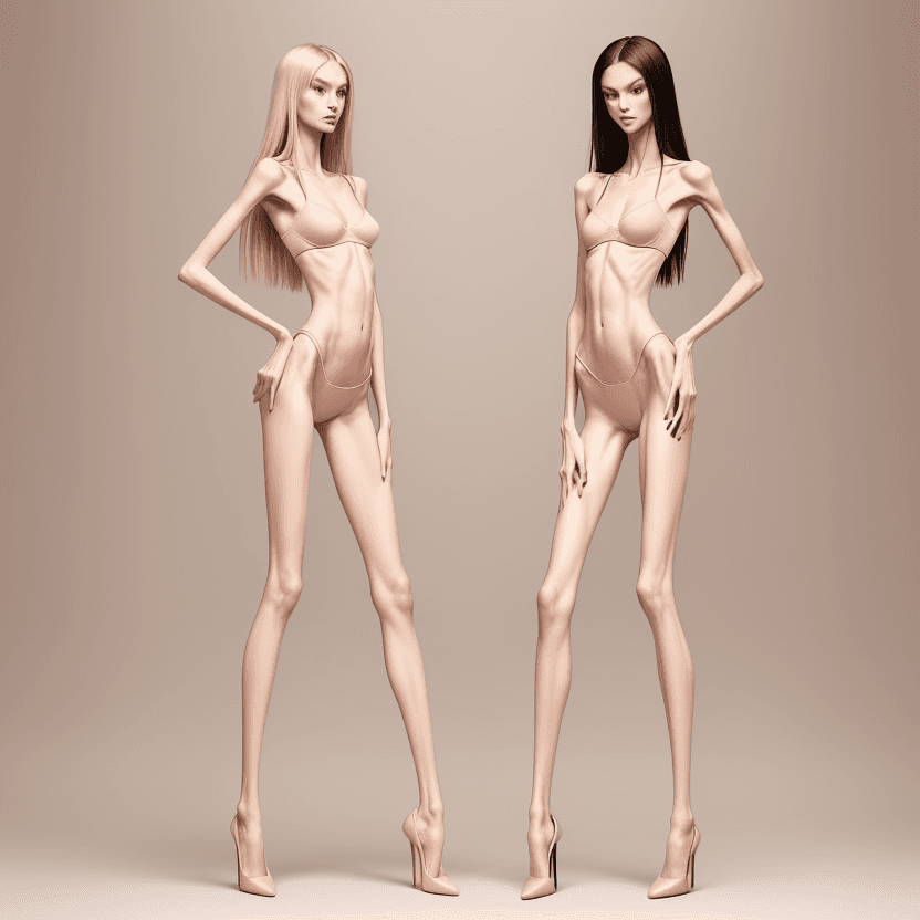 AI generated: photo of two an extremely skinny, flat-chested model with extreme long and skinny legs with extreme ...