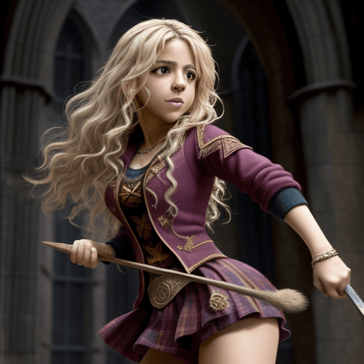 AI generated: Crea una imagen de shakira montando en escoba de harry potter