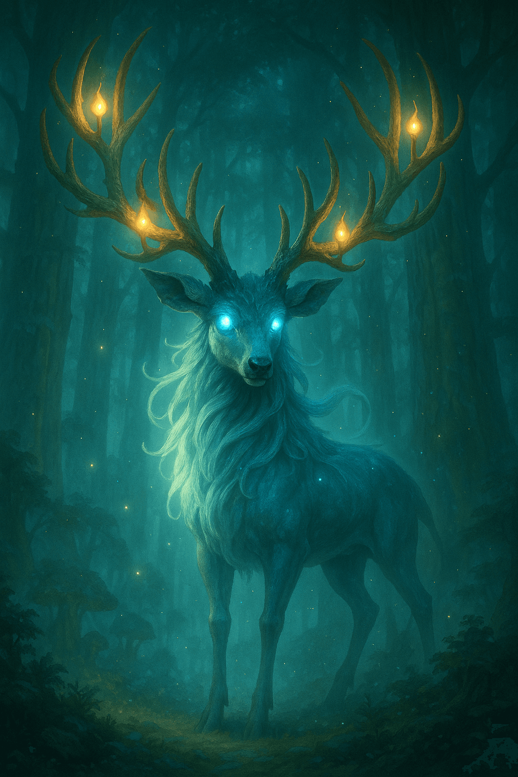 AI generated: “Créature fantastique mi-cerf mi-esprit, cornes de bois illuminées, yeux brillants, forêt enchantée,...