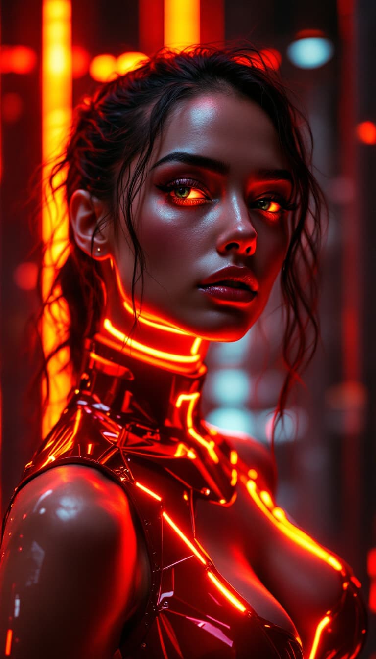AI generated: Witness the glow. A woman, a cyberpunk icon, becomes a beacon of innovation. Red and gold metallic e...