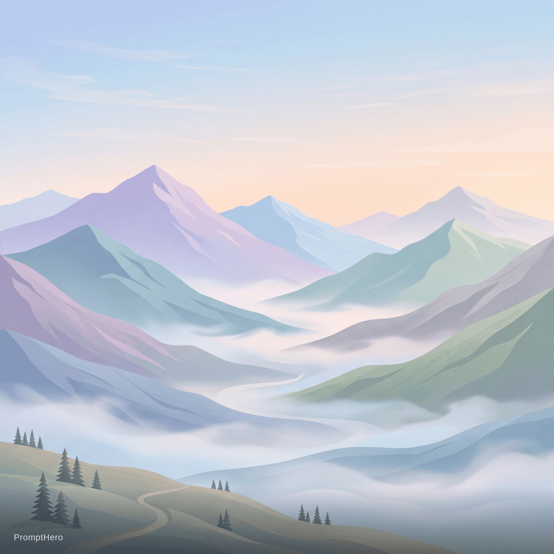 AI generated: minimalist mountain landscape, soft pastel colors, misty valleys, calm and peaceful
