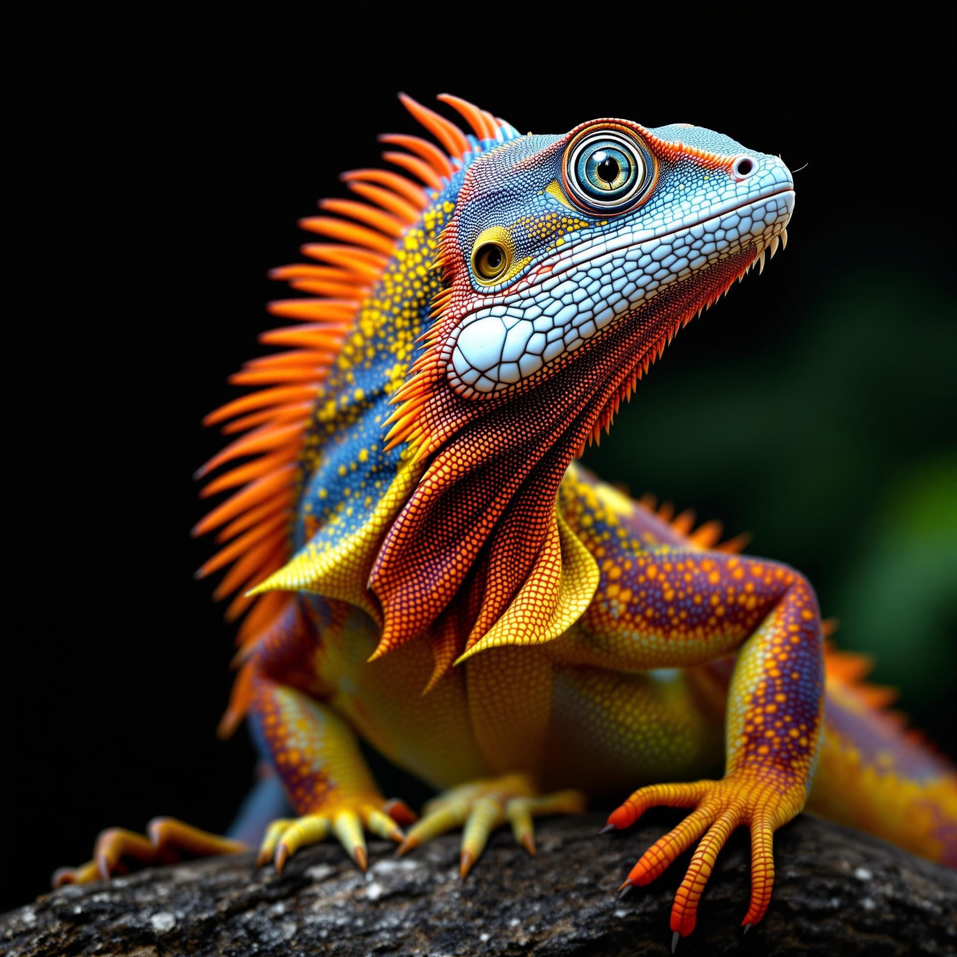 AI generated: The portrait image features a large, colorful lizard with a neck and a long tail. The lizard is on a...