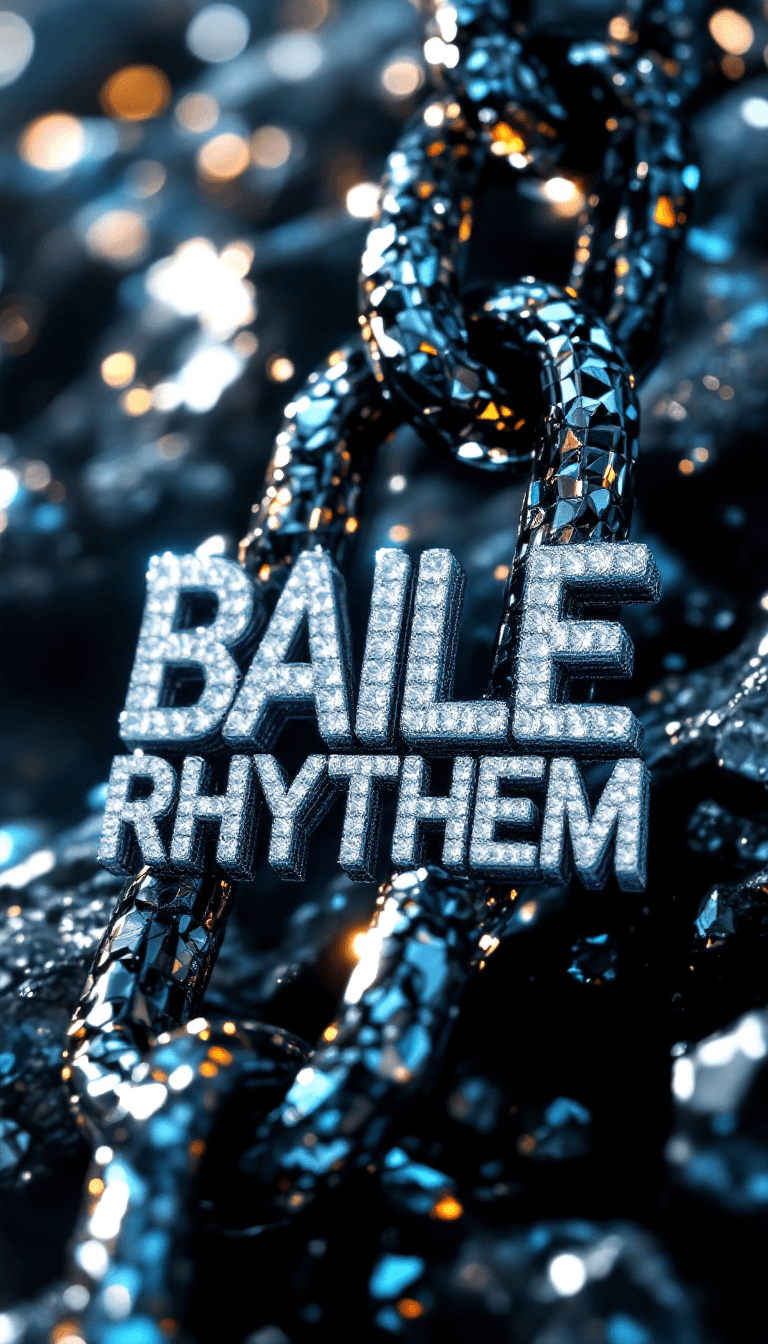 AI generated: big diamond ice out cuba chain. On the Chain  is the text: BAILE RHYTHEM" in a abstract diamond font...