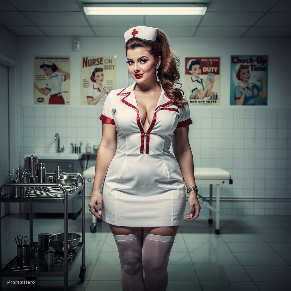 AI generated: A playful yet provocative scene of a curvy nurse with an hourglass figure and soft athletic thighs, ...