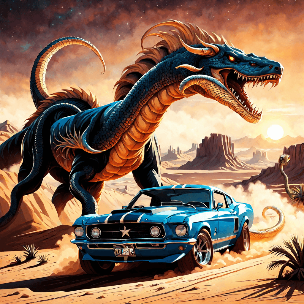 AI generated: A ((((((retro color comic style poster of a fantasy post apocalyptic world, with a mustang style mus...