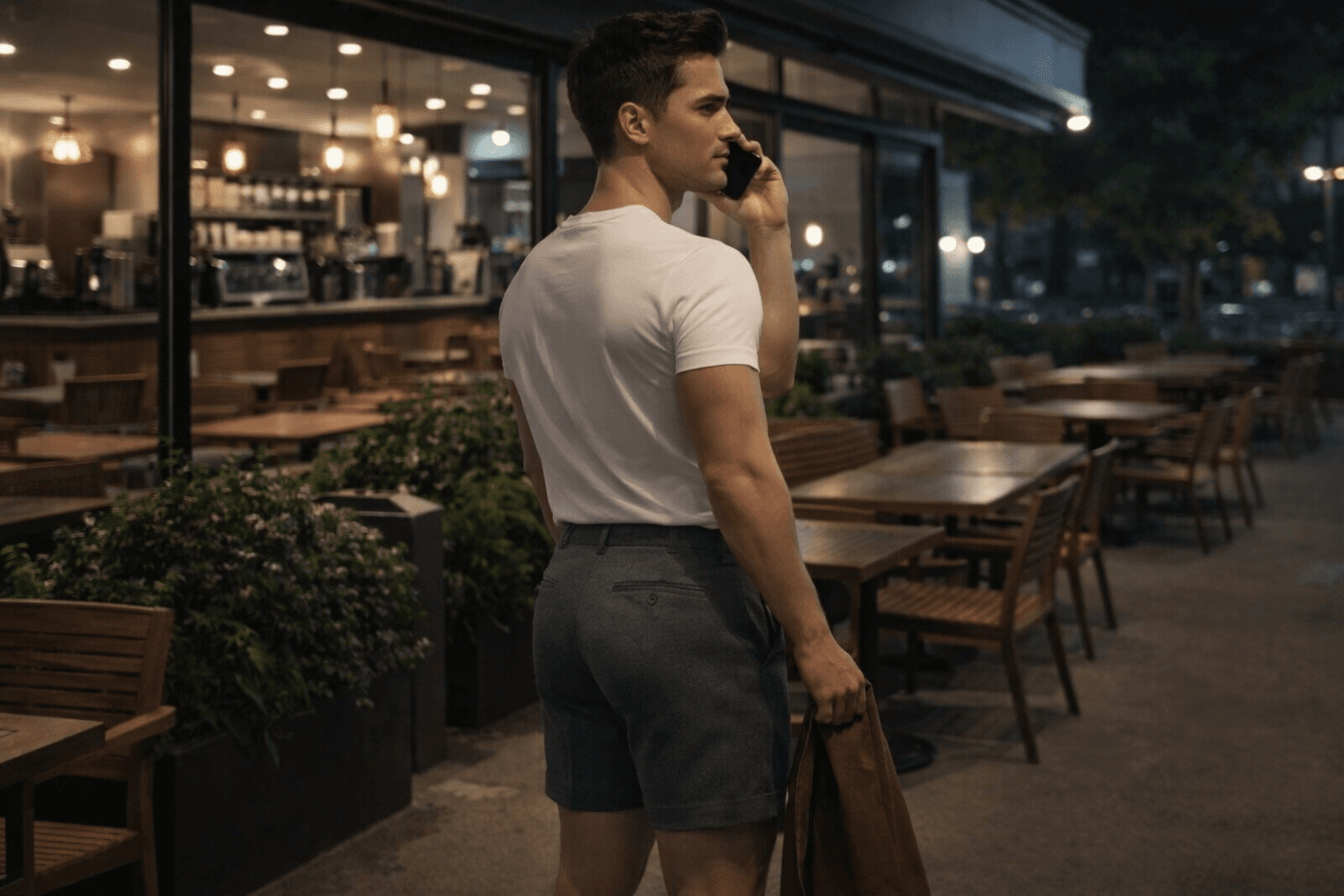 AI generated: At night. The model is a barista at a big coffee shop. The coffee shop is empty. The coffee shop has...