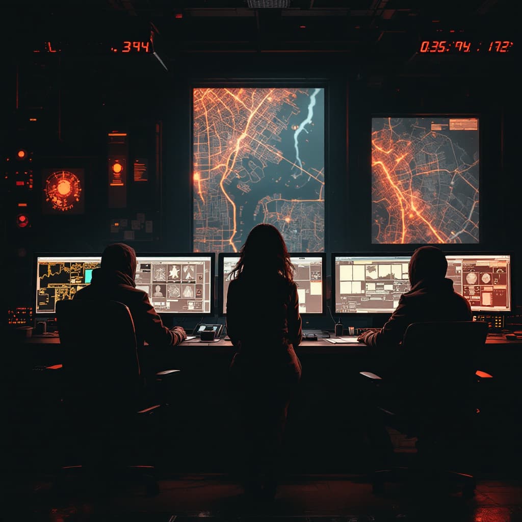 AI generated: Dark control room with glowing monitors showing a map of the city. Mysterious operators laugh sinist...
