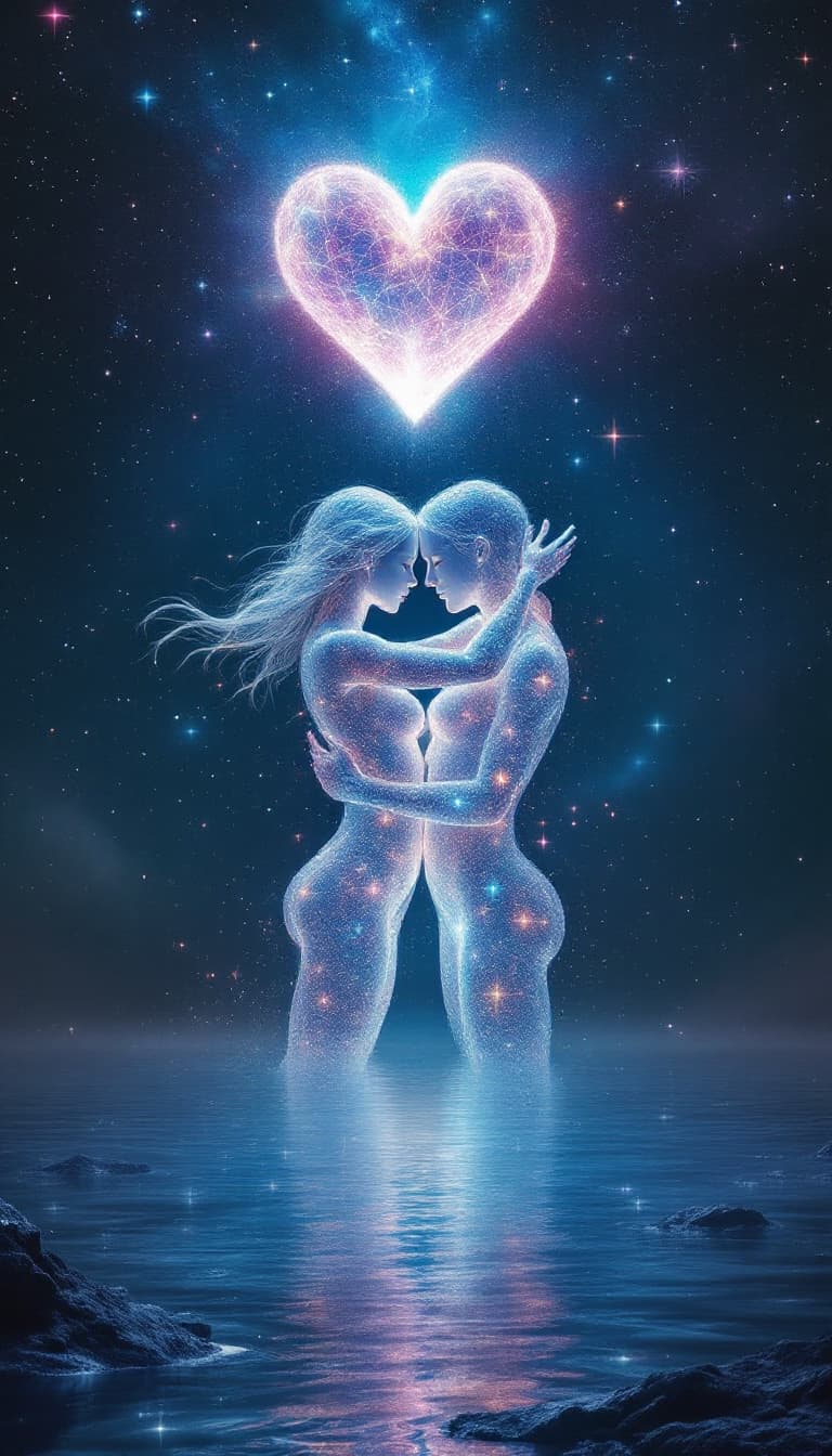 AI generated: Two ethereal figures entwined in a celestial embrace float above a mirrored cosmic lake, their bodie...
