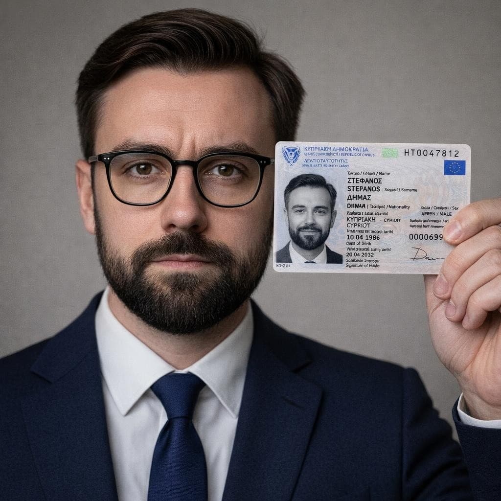 AI generated: UUltra-realistic photo of a serious adult person standing facing the camera, holding an identificati...
