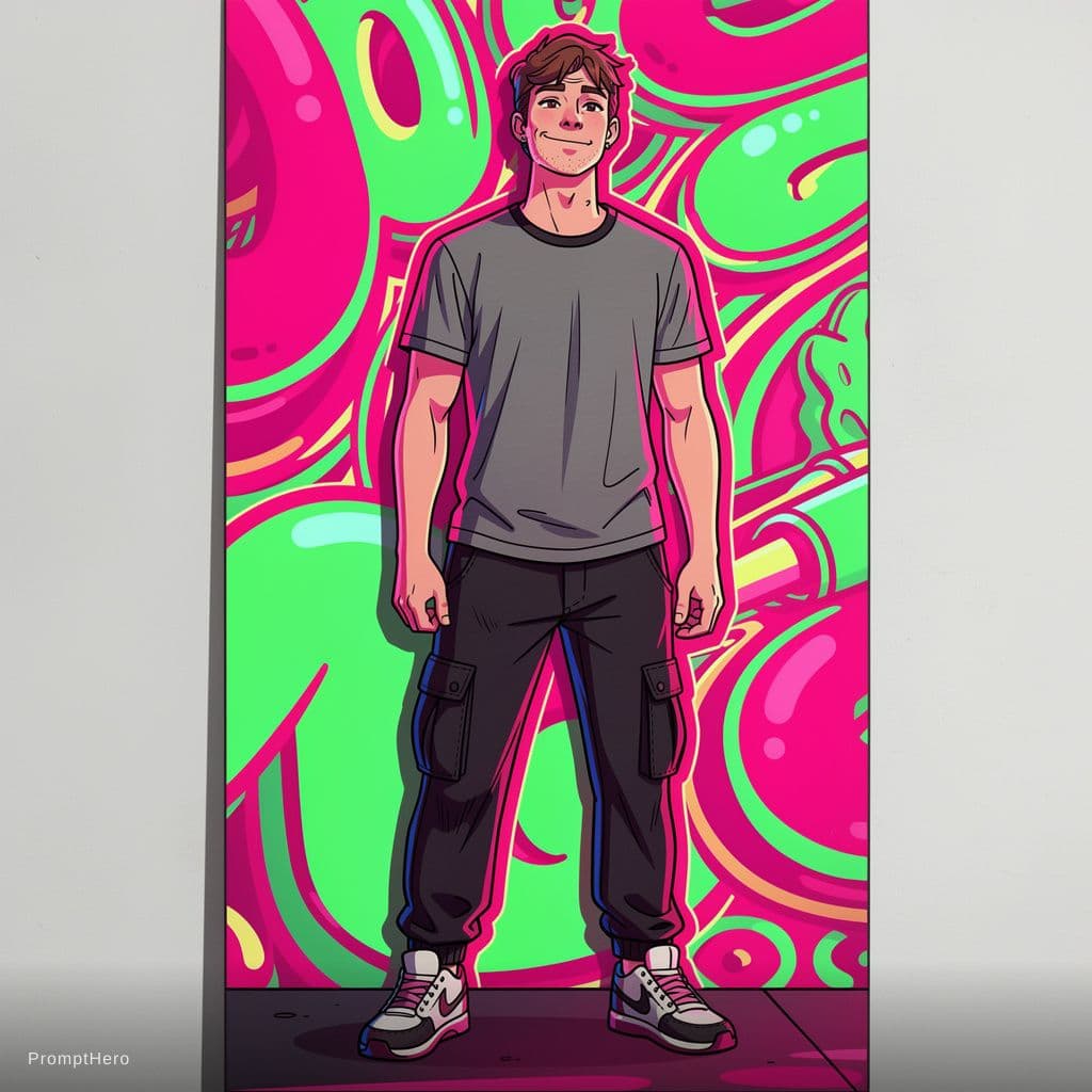 AI generated: illustration art, full-body of an man, wearing a over-fit T-shirt and black cargo pants with sneaker...
