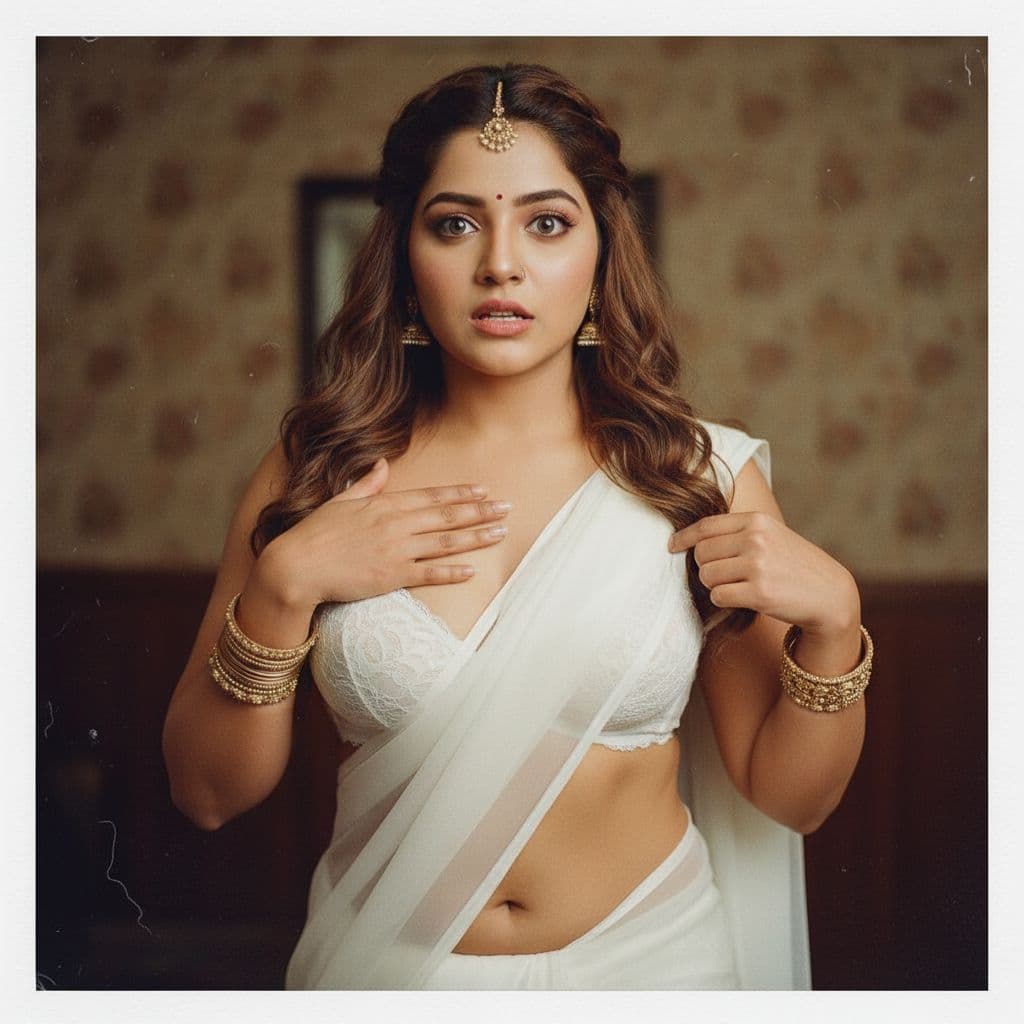 AI generated: Shuhani shah,  one hand on chest,biting her lip, 18-21 years old, brown hair, Indian hair style, sar...