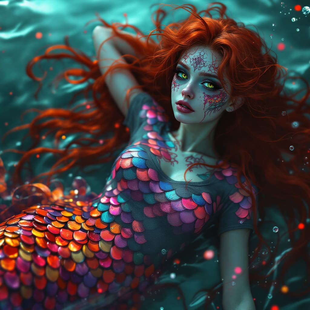 AI generated: a full body photo shot of a gorgeous cute (Mermaid) ginger with red hair, wearing a T-Shirt made of ...