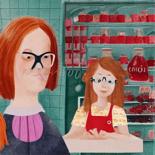 AI generated: Naturalistic collage illustration of a little red haired girl at a candy shop in London with an elde...