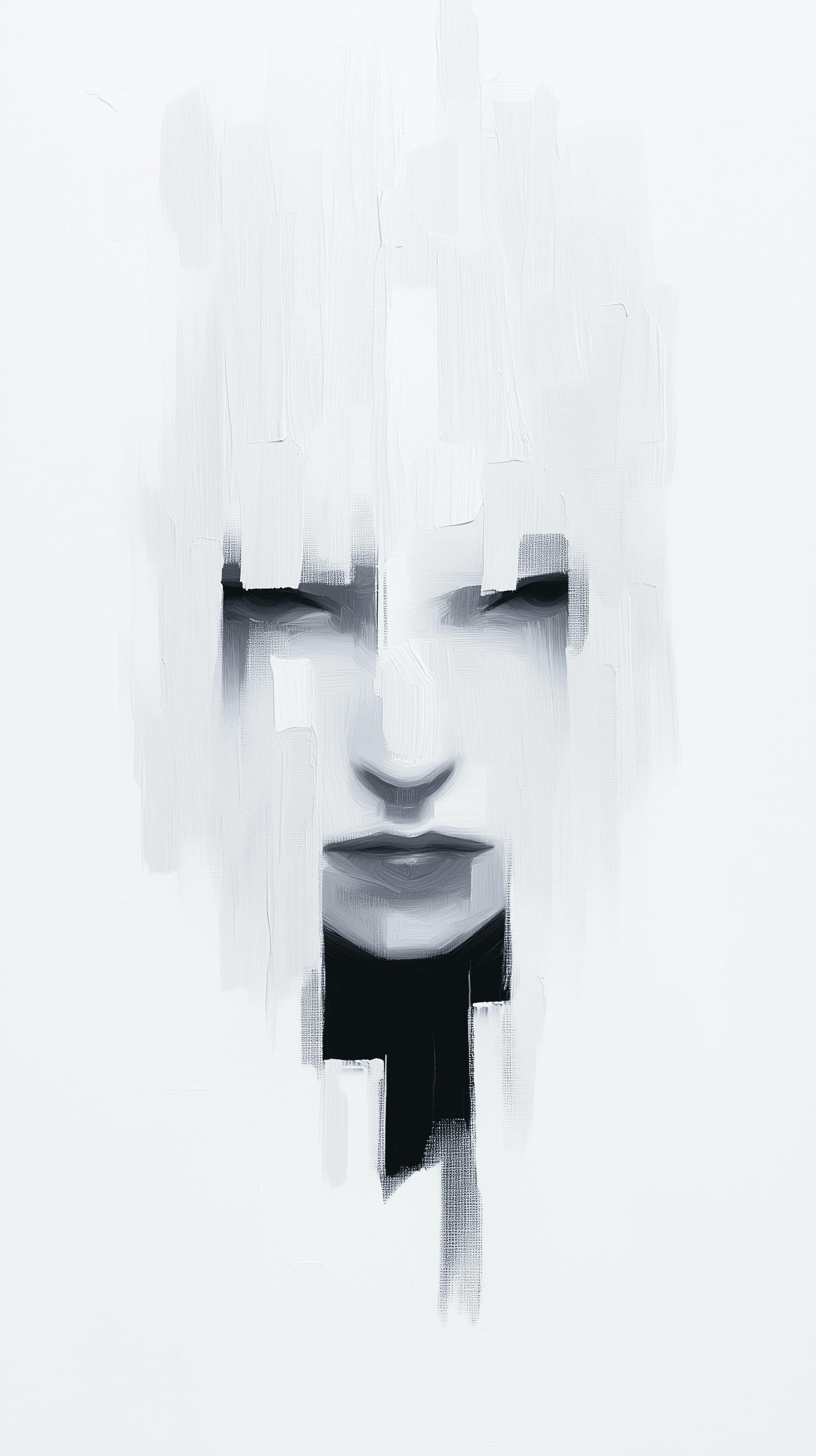 AI generated: artistic, oil painting, face, portrait of girl, empty eyes, grainy touch, minimalist avant-garde, ri...